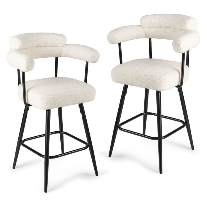 GIANTEX Tabourets de Bar- Lot de 2 Chaises de Bar Rembourrés- Siège Pivotant à 360°- Pieds en Métal- Dossier- Accoudoir- Blanc