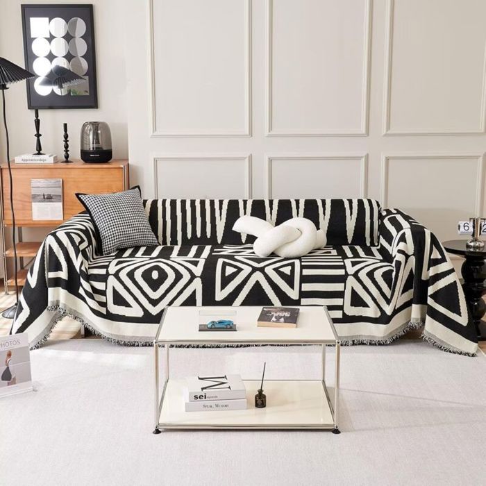 Plaid - JIANGZHA - 180x230cm - Noir - Design double face - Bohème classique