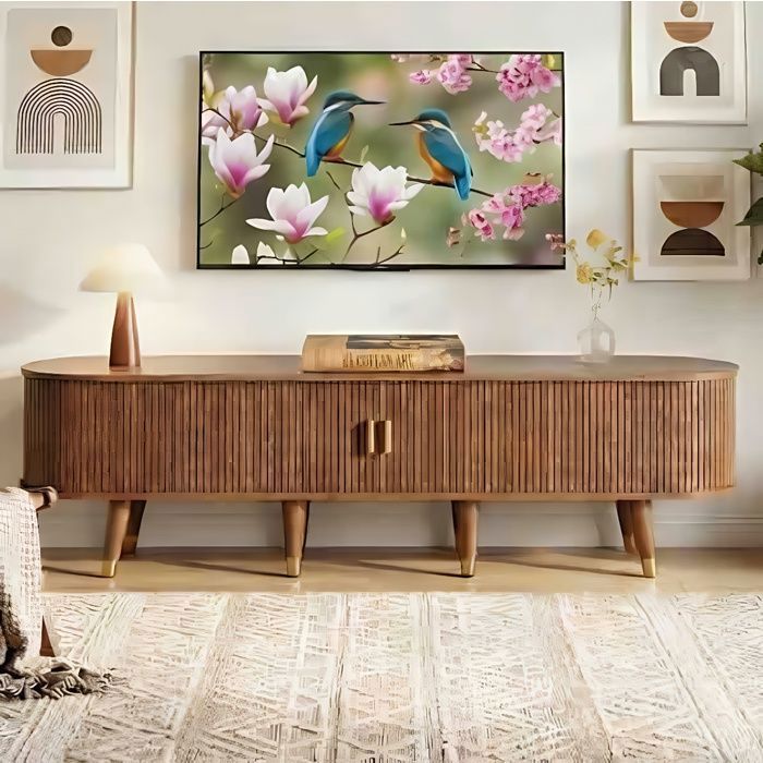 Meuble TV 175x38x45cm - Porte Coulissante en Rotin - Rangement Spacieux - Pieds Dorés - MDF Effet Noyer et Naturel