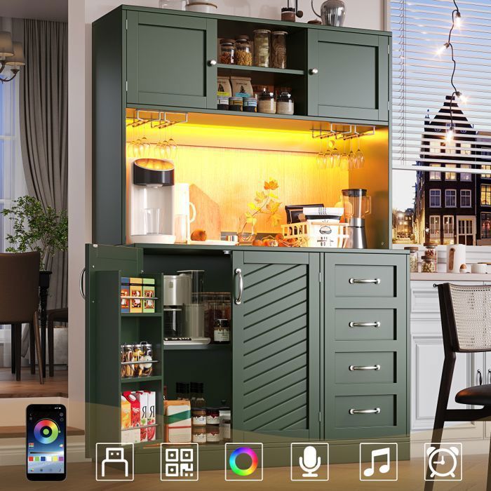 Buffet haut salle à manger de cuisine -Meuble vaisselier avec éclairage LED -Armoire vitrine vert avec 4 tiroirs -120x40x188 cm