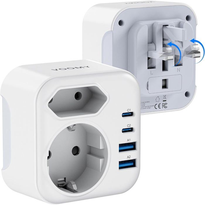 Adaptateur de Voyage pour Angleterre Irlande Écosse Malte ÉAU Adaptateur Secteur Pliable avec 3250W 2 USB-C et 2 USB-A Type G