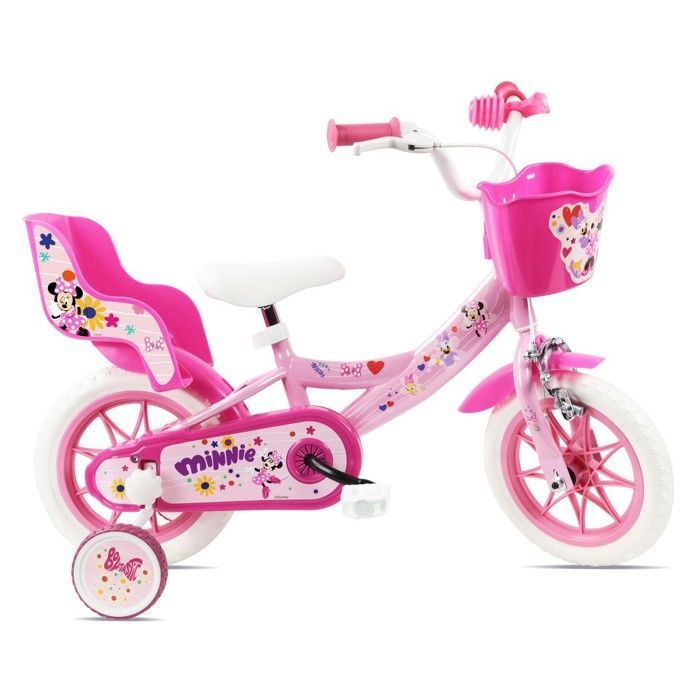 DISNEY V&eacute;lo enfant 12'' Minnie / ( taille < 90/95 cm ) &eacute;quip&eacute; de 1 frein avant, panier avant, porte poup&eacute;e1 stabilisateurs