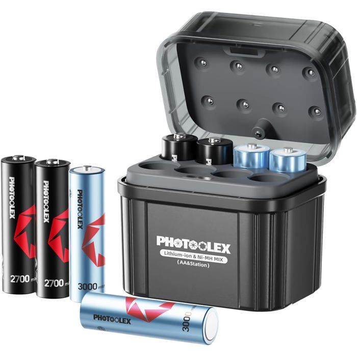 Piles Rechargeable AA avec Chargeur Hybride 4 Piles AA Lithium 1 5V 3000mWh et 4pc AA NiMH 1 2V 2700mAh boîtier de Chargement