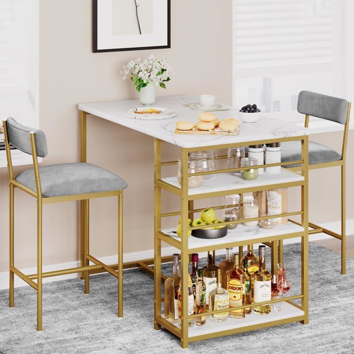 Set de table de bar et tabourets 3 pièces Table haute rectangulaire gain de place cadre métal robuste Table : 915 cm Doré