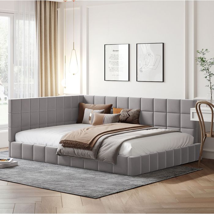 Lit banquette gris 140×200 cm sommier inclus convertible canapé structure solide sans matelas