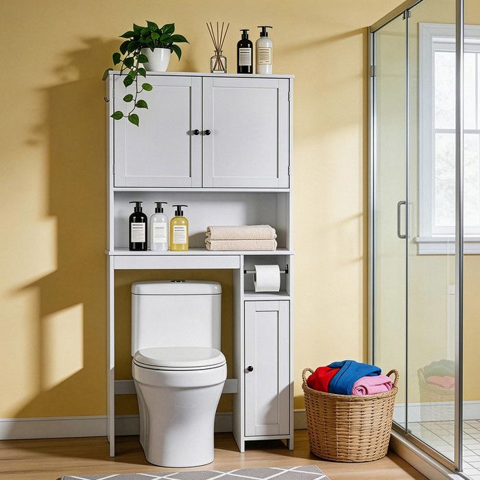 Meuble WC - ALIGHTUP - Colonne Salle de Bain avec 2 Portes Étagères ouvertes et placards latéraux - 80 x 20 x 170cm Meuble WC - ALIGHTUP - Colonne Salle de Bain avec 2 Portes Étagères ouvertes et placards latéraux - 80 x 20 x 170cm