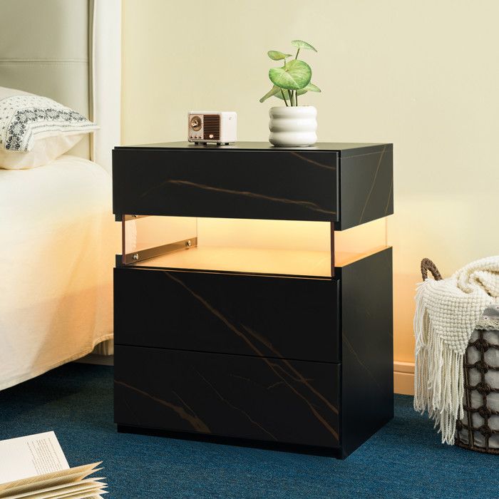 Commode de Chambre LED 3 Tiroirs Noir et Or avec Tablette en Acrylique Élégante
