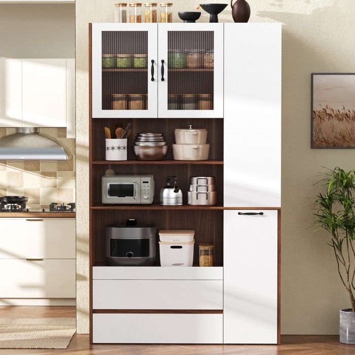 Buffet haut rangement étagères tiroirs réglables vitre cannelée meuble salon cuisine salle à manger blanc noyer 100x40x200cm Buffet haut rangement étagères tiroirs réglables vitre cannelée meuble salon cuisine salle à manger blanc noyer 100x40x200cm