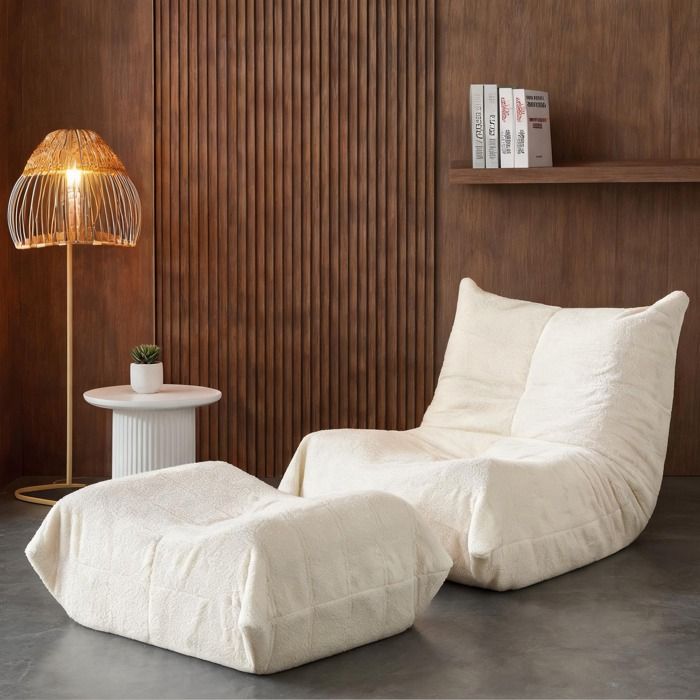 Fauteuil de sol relax en peluche teddy beige lin avec dossier et repose-pieds mousse haute résilience 100x90x70 pouces
