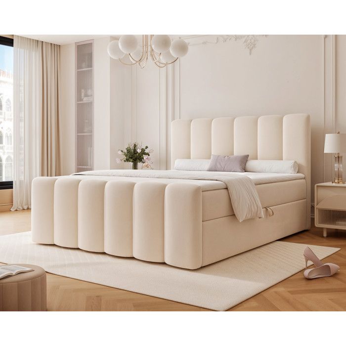 Lit adulte FERRERO - 120x200 cm - coffre de rangement à ouverture latérale - avec matelas à ressorts - Beige