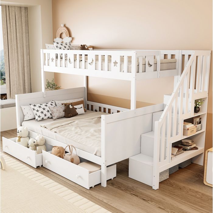 Lit superposé enfant 90×200/140×200 cm - escalier de rangement -  2 tiroirs - bois - blanc (sans matelas)
