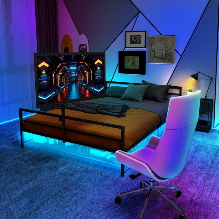 Lit gaming métal - Zephmum - 206 cm support réglable LED paniers rangement