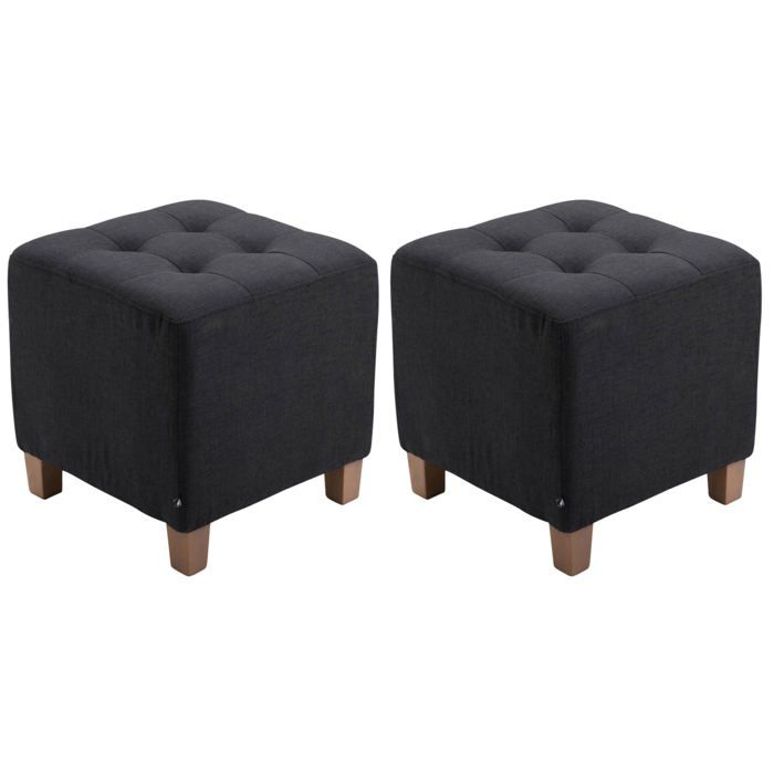 Lot de 2 tabourets bas pouf repose pieds forme carre en tissu noir capitonne et bois style classique chic 10_0006669