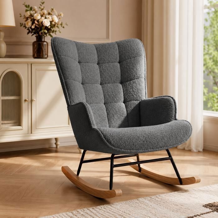 Fauteuil à Bascule Rocking Chair Dossier Haut Fauteuil à Oreilles Pieds en Métal et Bois Massif Teddy Plush Gris foncé