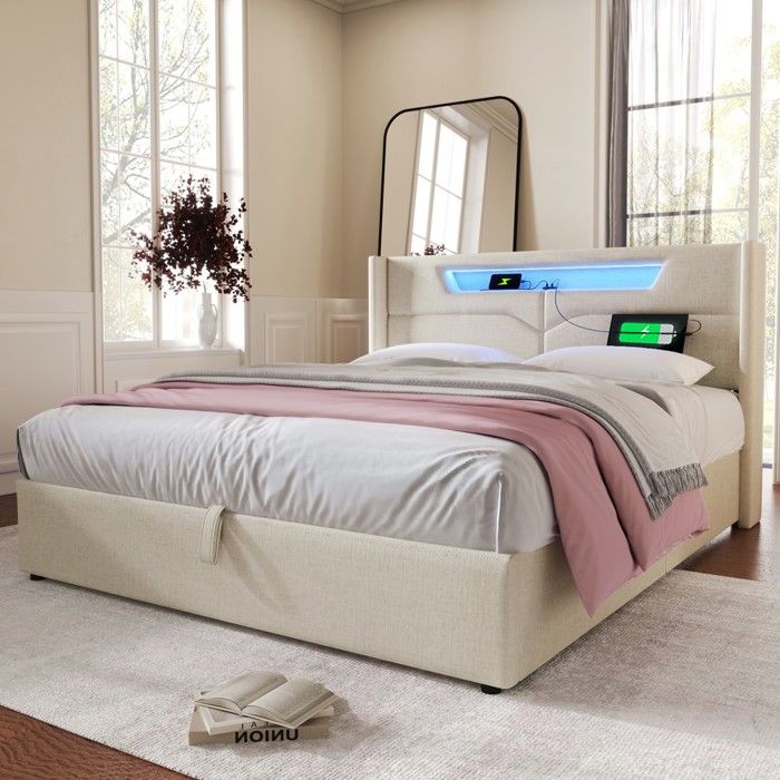 Lit double 160x200 lin beige rembourré lit coffre rangement LED charge USB-C sommier lattes ado sans matelas Lit double 160x200 lin beige rembourré lit coffre rangement LED charge USB-C sommier lattes ado sans matelas