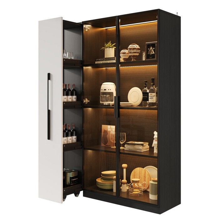 Vitrine Argentier Blanc Noir 110.5x35x160cm porte Vitrée LED tiroir Coulissant Roulettes armoire Haute Multifonction Salle À Manger