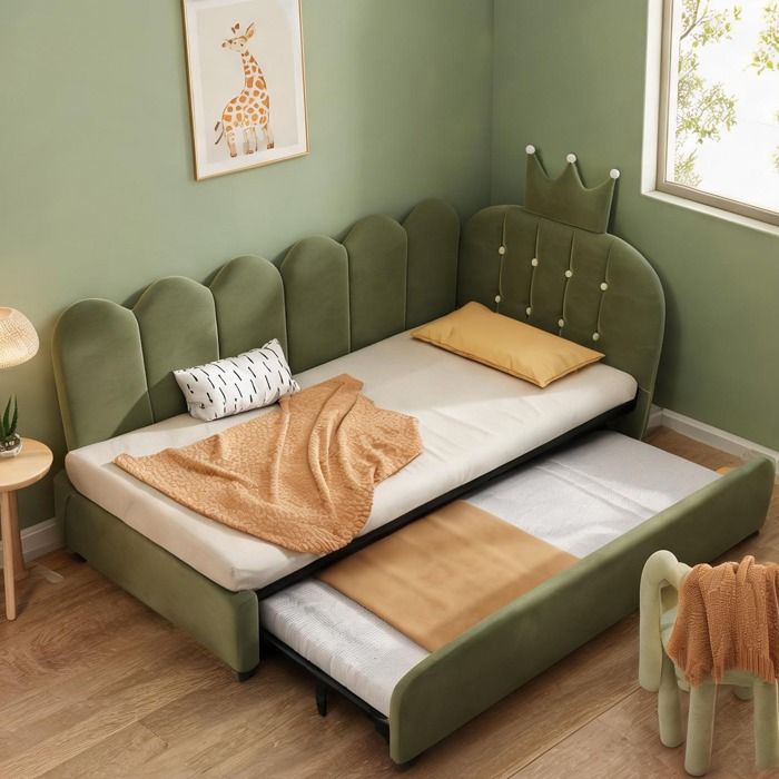 Canapé-lit gigogne en velours vert L 203 cm design couronne et grille couchage 2 personnes