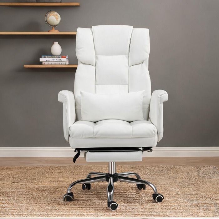 Fauteuil de bureau ergonomique avec repose-pieds fonction inclinaison 155° coussin lombaire amovible simili cuir blanc clean