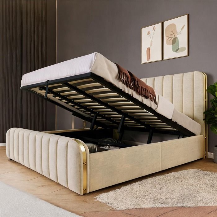 Lit coffre hydraulique 180x200 cm avec tête de lit capitonnée or et USB Type-C lin beige
