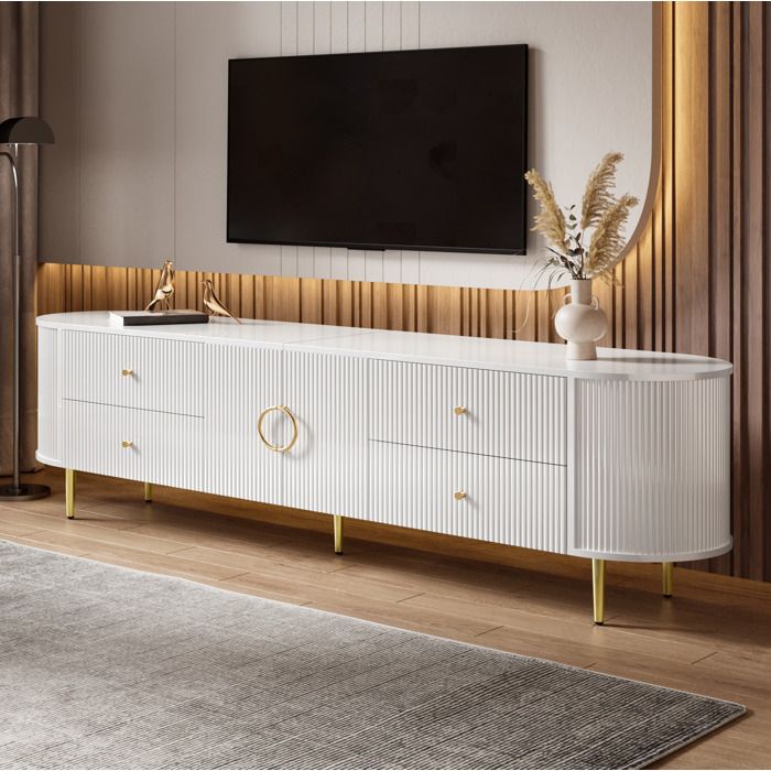 MEULVA Meuble TV 180 cm blanc en MDF avec 4 tiroirs 2 portes étagère fixe passe-câbles et bords arrondis