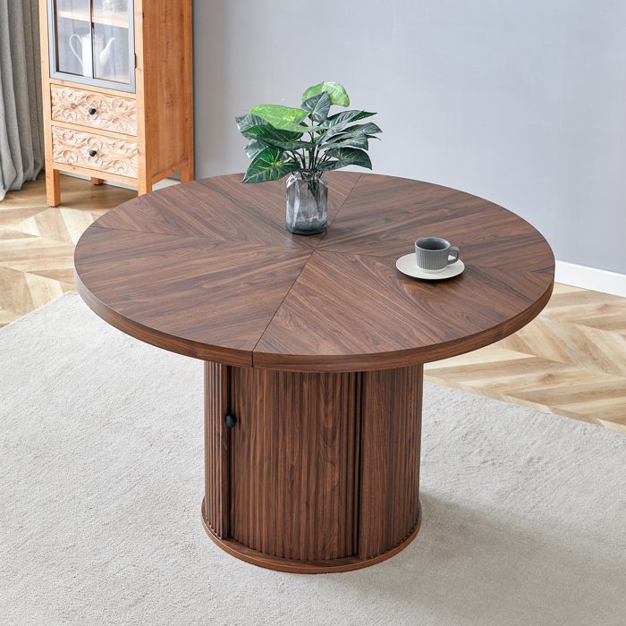 Table à manger ronde - Rangement intégré - Aspect bois - 115 cm de diamètre - Pied colonne - Pour 4–6 personnes