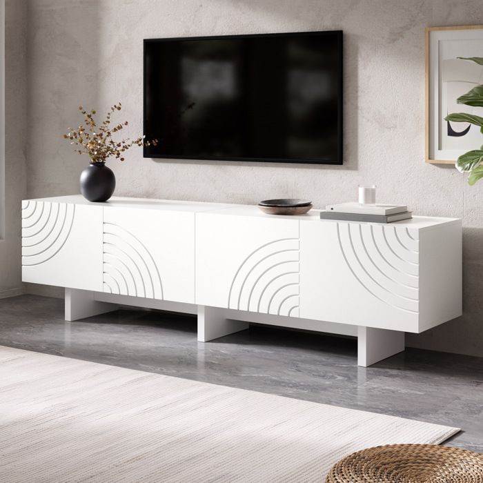 ROVRYN meuble TV 170 x 35 x 50 cm blanc 4 portes à relief géométrique avec passe-câbles