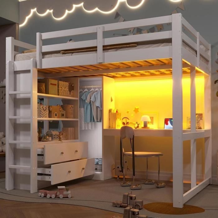 Lit mezzanine - KOMHTOM - 140x200 cm - Bureau intégré - LED Bluetooth & USB - Tiroirs et armoire Lit mezzanine - KOMHTOM - 140x200 cm - Bureau intégré - LED Bluetooth & USB - Tiroirs et armoire