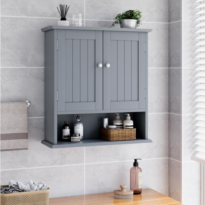 Armoire Murale de Salle de Bain 2 Portes et Étagère Ouverte Réglable - BEAUNIV - MDF Gris Clair 54 6×19 8×60 cm
