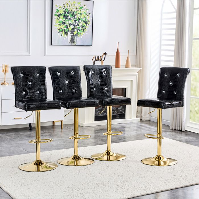 WOVREO Lot de 4 tabourets de bar réglables en hauteur noir aspect crocodile en PVC avec boutons cristal