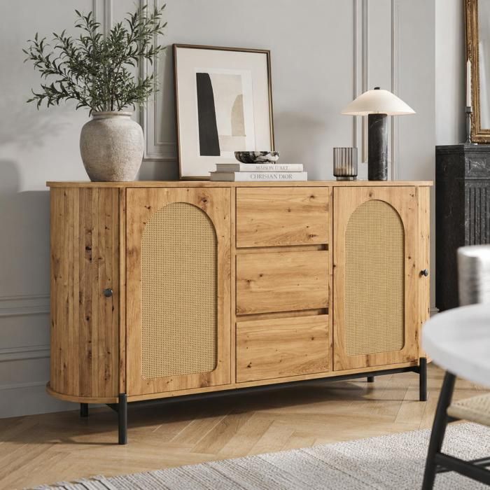 Buffet de Salon 140x38x77 5 cm COZHYESS Bahut en Bois et Rotin avec Portes Coulissantes 3 Tiroirs - Naturel