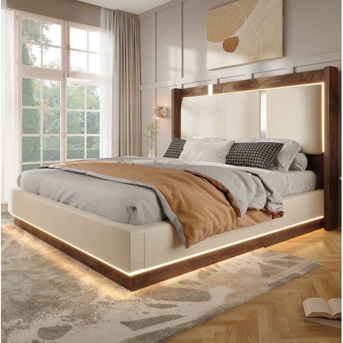 Lit coffre Double 140×200 cm LED et ouverture hydraulique - HAVRYA - sans matelas lin beige et noyer