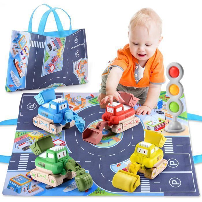 Véhicules jouets pour bébés –Ensemble de 5 véhicules à pousser–Tapis de jeu inclus –Convient aux garçons et aux filles de 1 à 3 ans