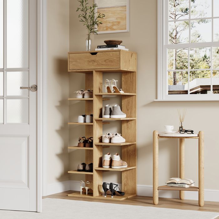 Meuble à Chaussures Étroit avec 1 Tiroir et 10 Compartiments Range-Chaussures Vertical 55 × 33 × 133 cm Naturel