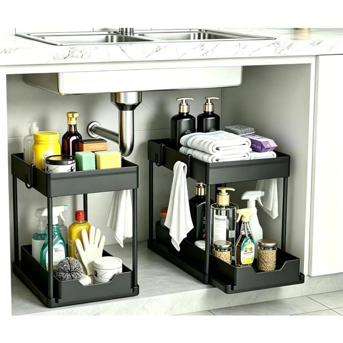 Kit Rangement Sous Évier – Étagère Coulissante Noir – Porte-Couverts & 4 Crochets – Cuisine/Bain
