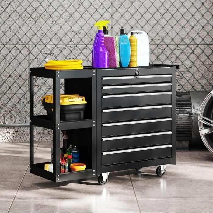 Servante datelier 7 tiroirs avec étagère latérale amovible 4 roulettes avec frein 120 kg noir