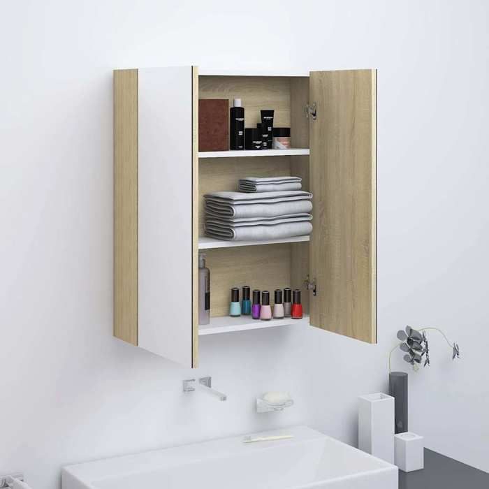 Blanc Armoire à miroir de salle de bain 60x15x75cm MDF Blanc et chêne - Meuble Rangement LV29421