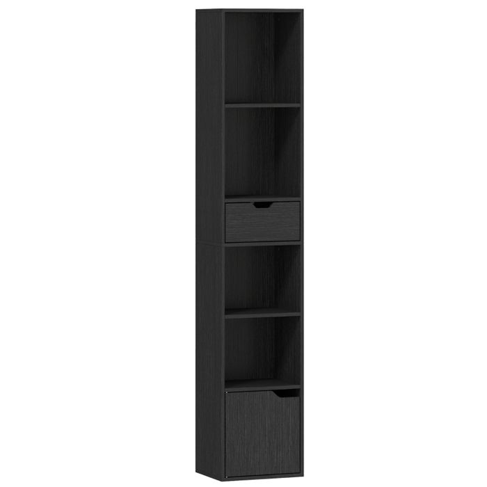 Bibliothèque étroite noire – Rangement avec tiroir et placard – 30 x 24 x 158 cm