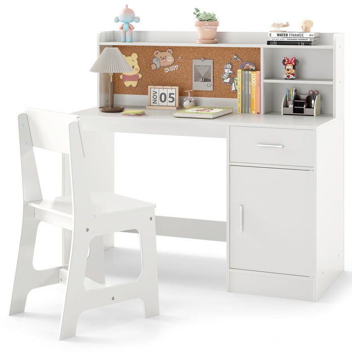 COSTWAY Ensemble Bureau Enfant avec Chaise Étagère Tiroir Tableau en Liège& Armoire 5 Ans+ Table Enfant et Chaise Blanc