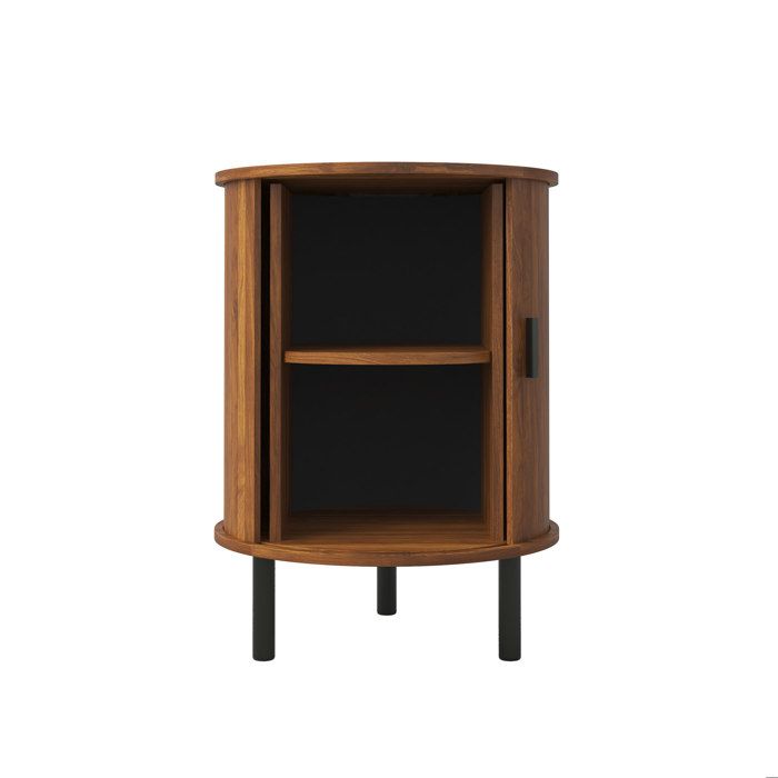Table d’appoint ronde décor noyer – Porte coulissante et rangement – 48 x 48 x 65 cm