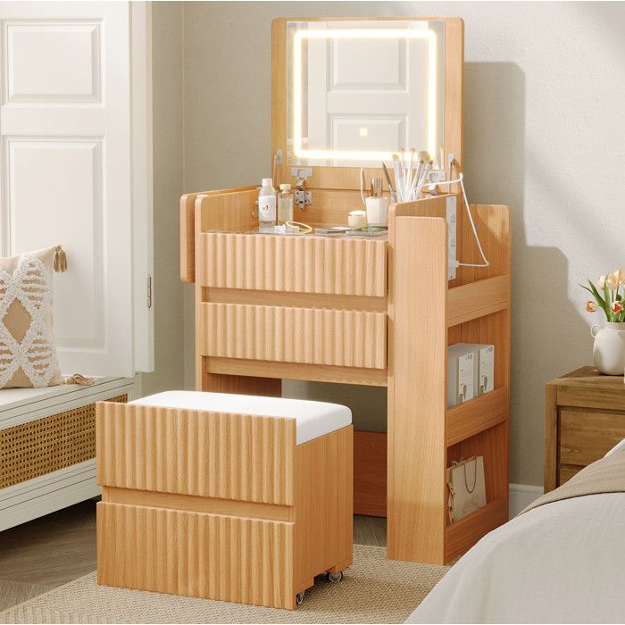 MEUVYX Coiffeuse avec Miroir LED 3 Tiroirs USB Type C Tabouret à Roulettes en MDF 79 × 40 × 120 cm Naturel