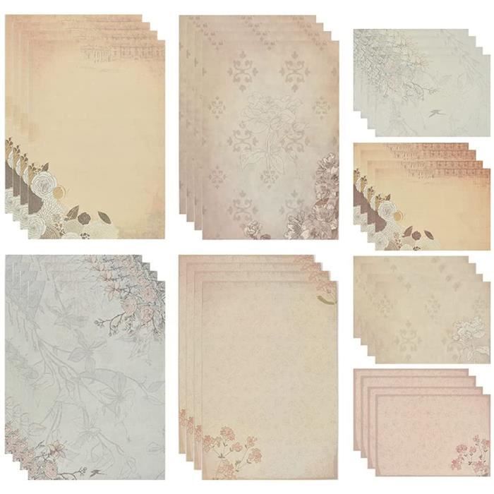 Papier à Lettres Vintage Voyage - Lot De 48 Feuilles + Enveloppes - Rayé Rouge/Blanc/Bleu - 23.5x17.5cm
