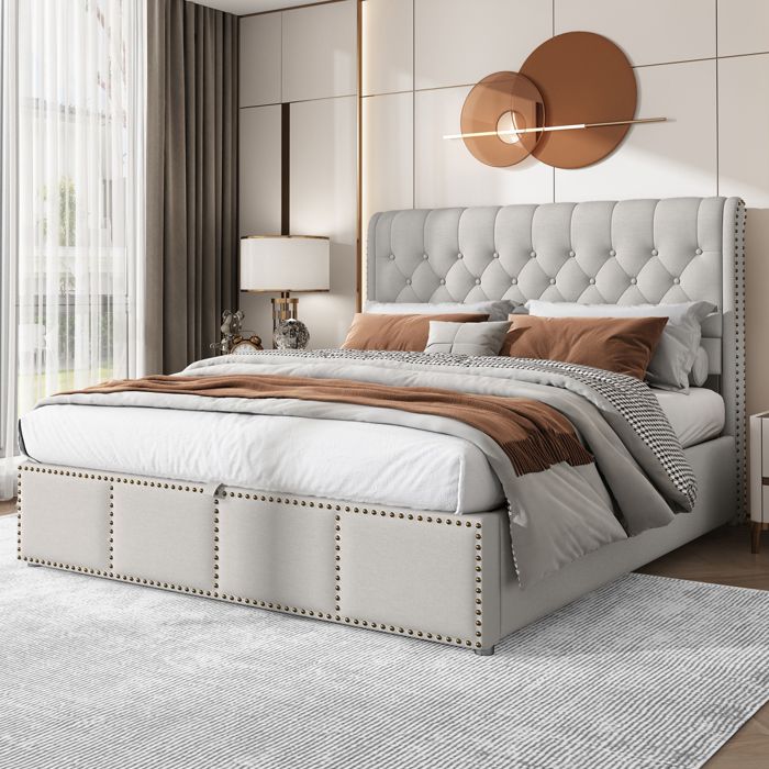 lit double rembourré en coton et lin avec barres hydrauliques et coffre de rangement décoration rivets 140 x 200 cm gris clair