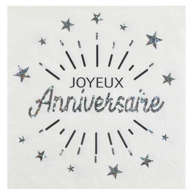 10 Serviettes Papier Joyeux Anniversaire Blanc Et Argent Metallise Cdiscount Maison