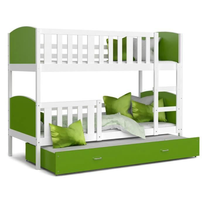 LIT superposé 3 Places Tomy 90×190 Blanc - Vert livré avec sommier, tiroir et matelas de 7cm OFFERT.