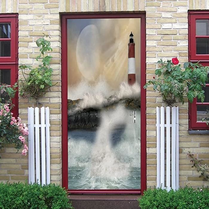 Papier peint 3d Phare lune 3D Sticker de Porte Trompe lOeil Effect AutoAdhésif Amovible