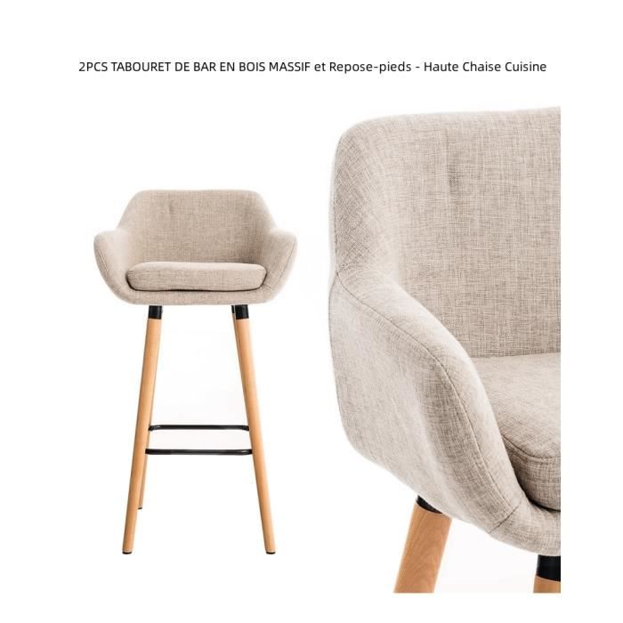 Tabouret de bar en bois massif et repose-pieds - Haute chaise cuisine - Lot de 2 - Beige