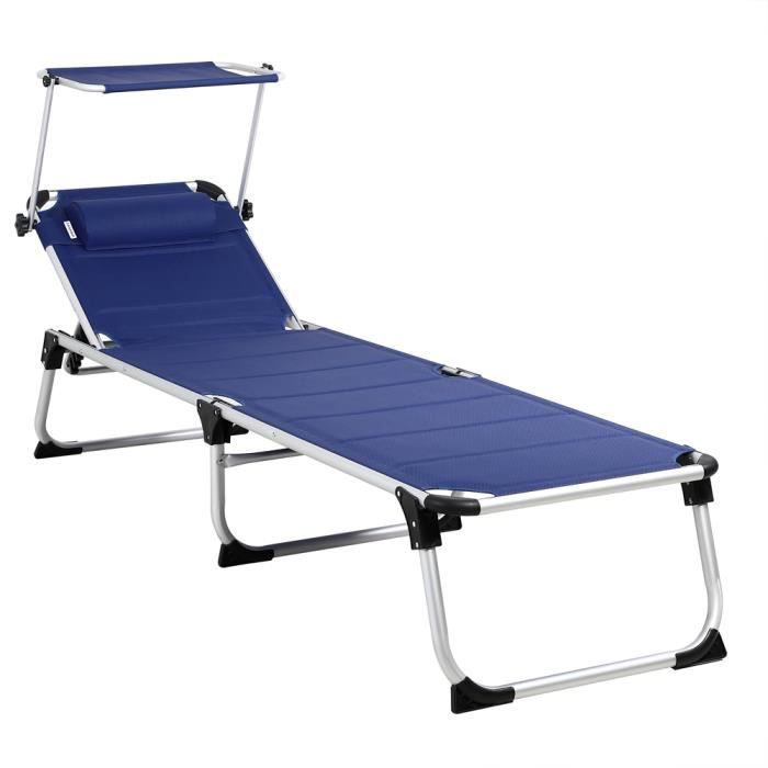Chaise longue en aluminium bleu Bari XXL 210cm pare-soleil coussin amovible dossier réglable résistant aux intempéries