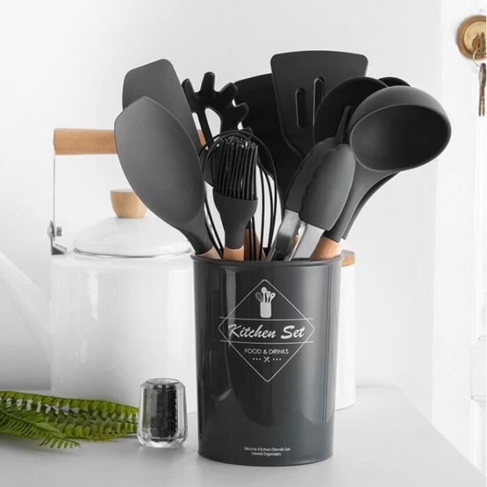 12 pi/èces kit Batterie de Cuisine en Silicone Antiadh/ésive Anti-Rayures et R/ésistante /à la Chaleur Comprend Spatule Bois Grattoir Cuill/ère CINY Ustensiles de Cuisine Pot De Rangement Noir Fouet