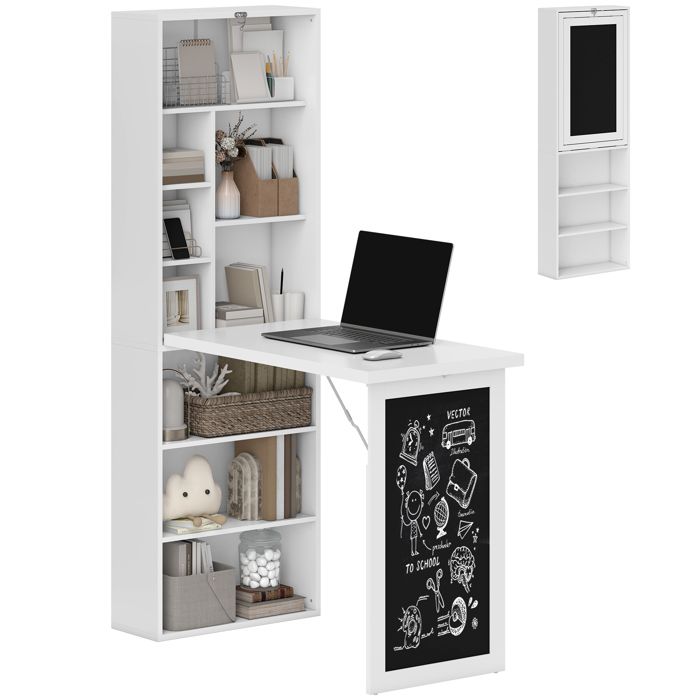 Bureau avec rangement HOMCOM pliable murale rabattable avec avec bibliothèque poste de travail tableau à craie et étagère réglable Bureau avec rangement HOMCOM pliable murale rabattable avec avec bibliothèque poste de travail tableau à craie et étagère réglable