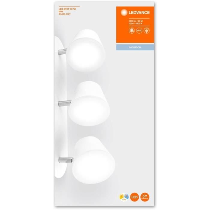 LEDVANCE LED Spot Applique Triple - 3 x 7W - IP44 - Blanc - Chaud/Froid LEDVANCE LED Spot Applique Triple - 3 x 7W - IP44 - Blanc - Chaud/Froid